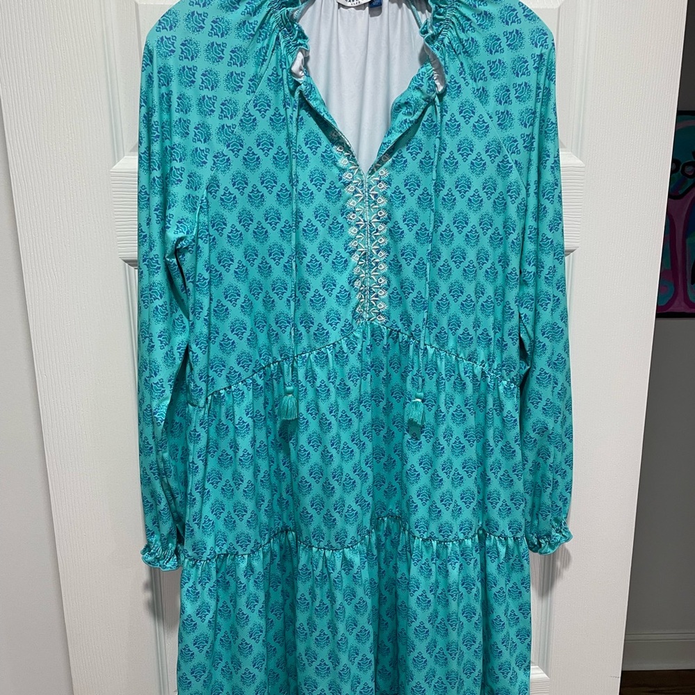 Cabana Life Teal Patterned Long Sleeve Dress (swim cover up)